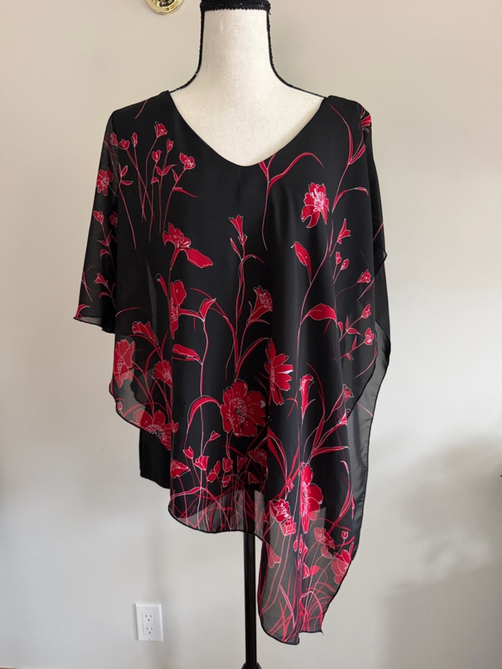 Elegant Black Blouse with Red Floral Print